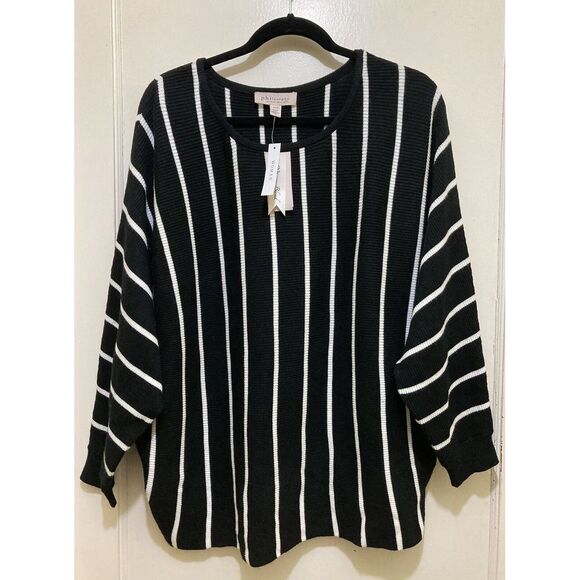 Philosophy Crew Neck Sweater 1X Black White Striped Knit 3/4 Batwing Sleeves New - Picture 1 of 12